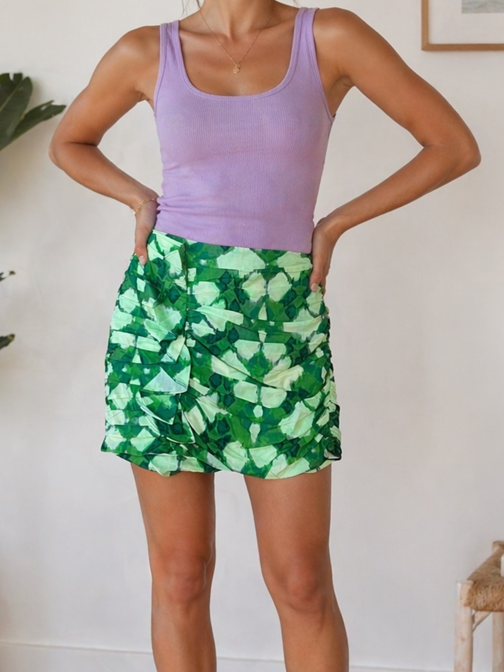 Zara Ruffled Ruched Sides Green/Ivory/Lavender Mini Skirt
